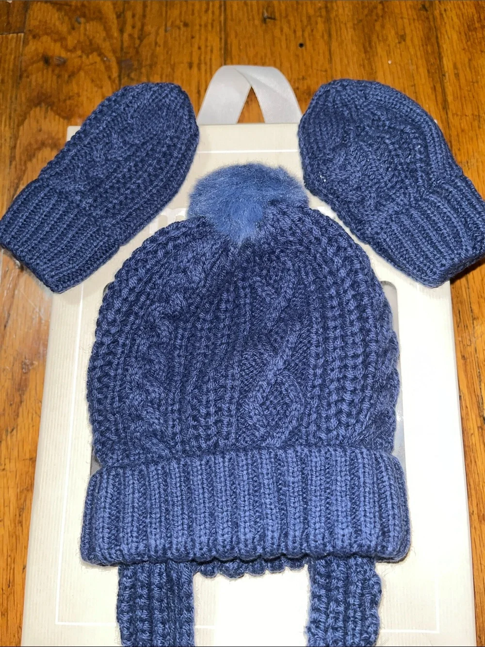 NWT Mayoral Newborn Baby Knit Pom-Pom Earflap Hat & Mittens Set - Navy